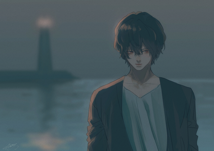 1boy arms_at_sides beach black_hair black_jacket collarbone commission grey_shirt grey_sky grey_theme hair_between_eyes highres jacket kurosujuu lighthouse long_sleeves male_focus original parted_lips shirt short_hair skeb_commission sky solo upper_body water