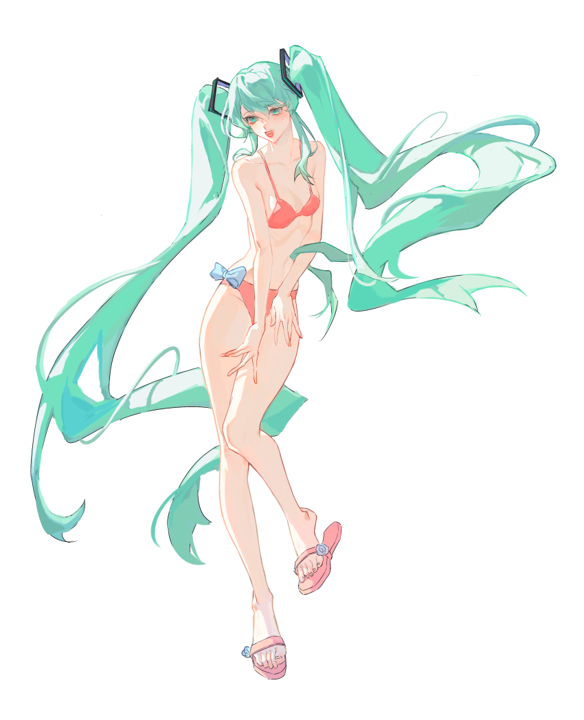 1girl absurdly_long_hair absurdres bare_arms bare_legs bare_shoulders bikini blacksheep blue_bow bow bow_bikini breasts chinese_commentary cleavage collarbone commentary_request facing_viewer floating_hair full_body green_eyes green_hair hands_on_own_thighs hatsune_miku highres legs long_hair looking_ahead medium_breasts navel open_mouth pink_bikini pink_sandals sandals shoe_dangle simple_background slides solo stomach swimsuit toes twintails very_long_hair vocaloid white_background