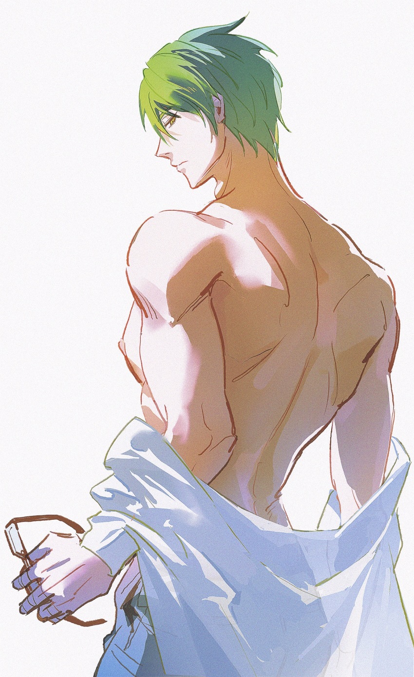 1boy absurdres back blue_pants chinese_commentary closed_mouth commentary_request cowboy_shot denim glasses green_hair highres holding holding_removed_eyewear jeans kuroko_no_basuke long_sleeves looking_back male_focus midorima_shintarou pants pectorals road_233 shirt shirt_partially_removed short_hair sidepec simple_background solo standing toned toned_male unworn_eyewear white_background white_shirt yellow_eyes