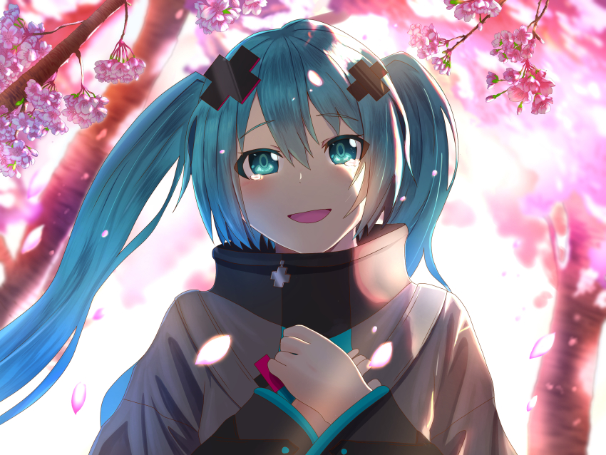 1girl absurdres aqua_eyes aqua_hair batsu_miku blush cherry_blossoms deito grey_jacket hair_between_eyes hair_ornament hands_on_own_chest hatsune_miku highres jacket kowareta_sekai_to_utaenai_miku long_hair long_sleeves official_alternate_costume open_mouth project_sekai smile solo twintails upper_body very_long_hair vocaloid wide_sleeves x_hair_ornament
