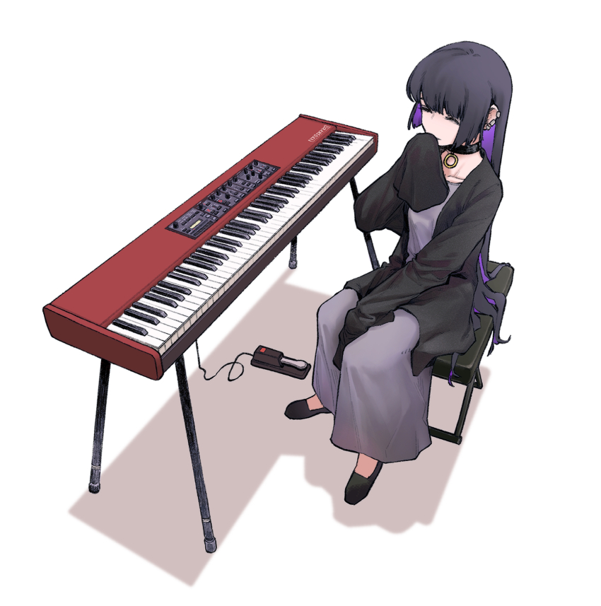 1girl black_footwear black_hair black_jacket blunt_bangs bocchi_the_rock! colored_inner_hair dress ear_piercing flats goth_fashion grey_dress highres instrument jacket keyboard_(instrument) long_hair long_sleeves multicolored_hair pa-san pedal_(instrument) piercing purple_hair simple_background sitting sleeves_past_fingers sleeves_past_wrists solo very_long_hair white_background zero808w