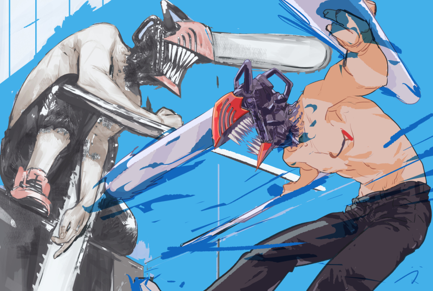 1boy black_pants blood blue_blood chainsaw chainsaw_man commentary denji_(chainsaw_man) handle highres matahei mechanical_head multiple_views open_mouth pants pull_cord red_footwear sharp_teeth shoes signature sneakers teeth topless_male two-tone_background