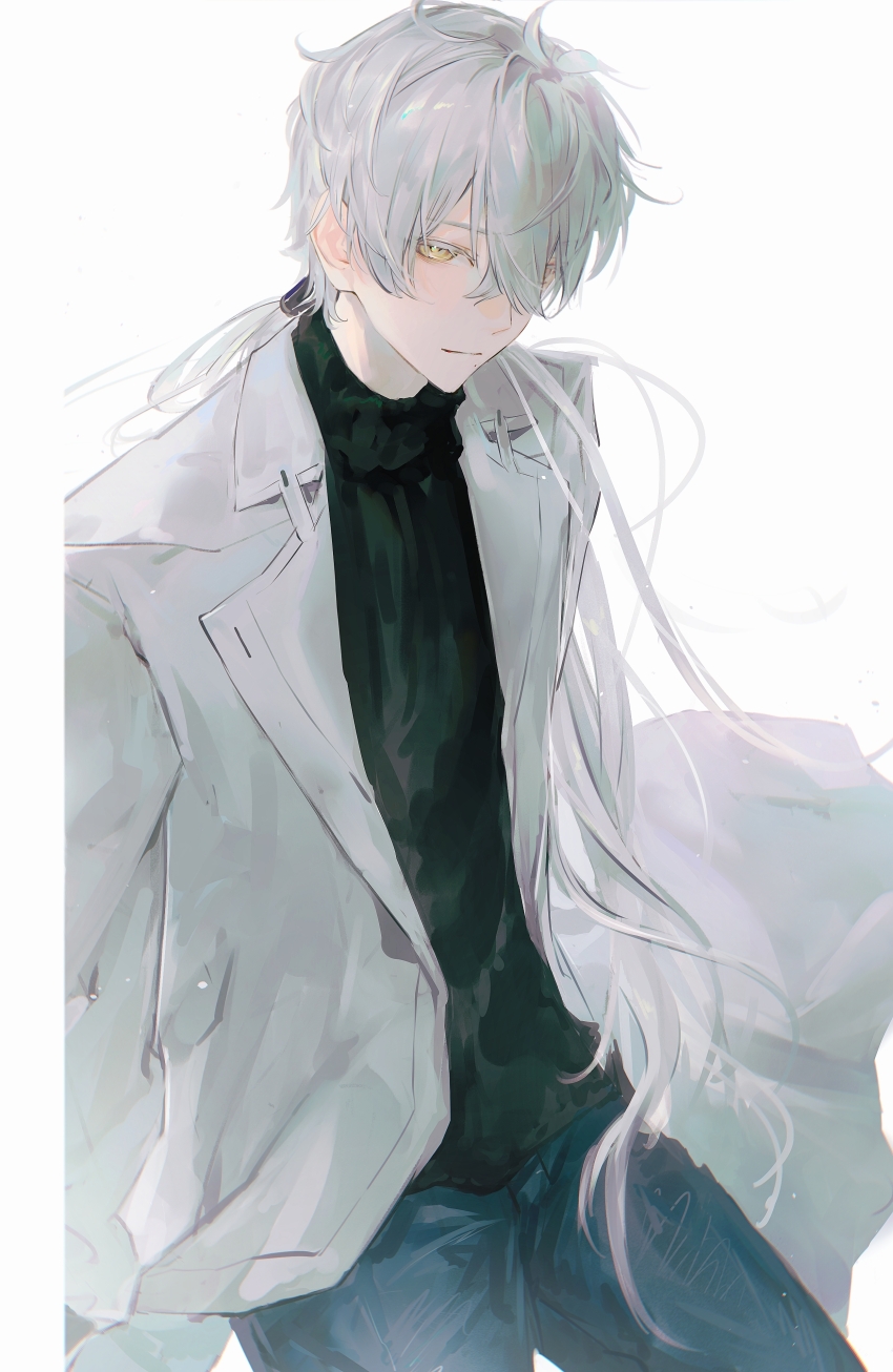 1boy absurdres alternate_costume black_shirt blue_pants colored_eyelashes commentary cowboy_shot denim highres honseie jacket jeans long_hair looking_at_viewer male_focus pants punishing:_gray_raven shirt simple_background solo symbol-only_commentary turtleneck turtleneck_shirt wanshi_(pgr) white_background white_eyelashes white_hair white_jacket yellow_eyes