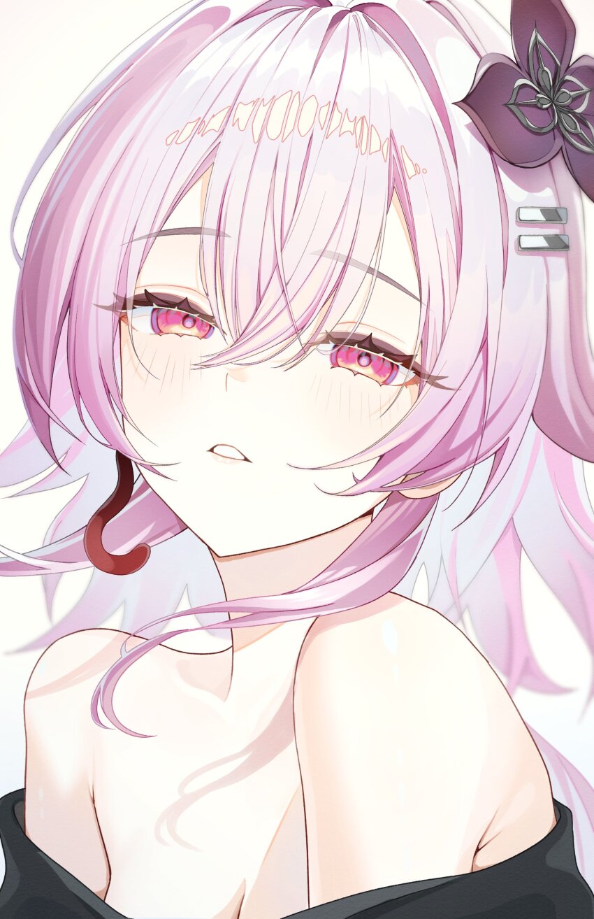 1girl absurdres bare_shoulders breasts cleavage duplicate earrings evernight_(honkai:_star_rail) flower habi_(kyuri_318) hair_between_eyes hair_ornament hairclip hashtag-only_commentary highres honkai:_star_rail honkai_(series) jewelry light_blush looking_at_viewer march_7th_(honkai:_star_rail) off_shoulder parallel_hairclips pink_hair red_eyes single_earring