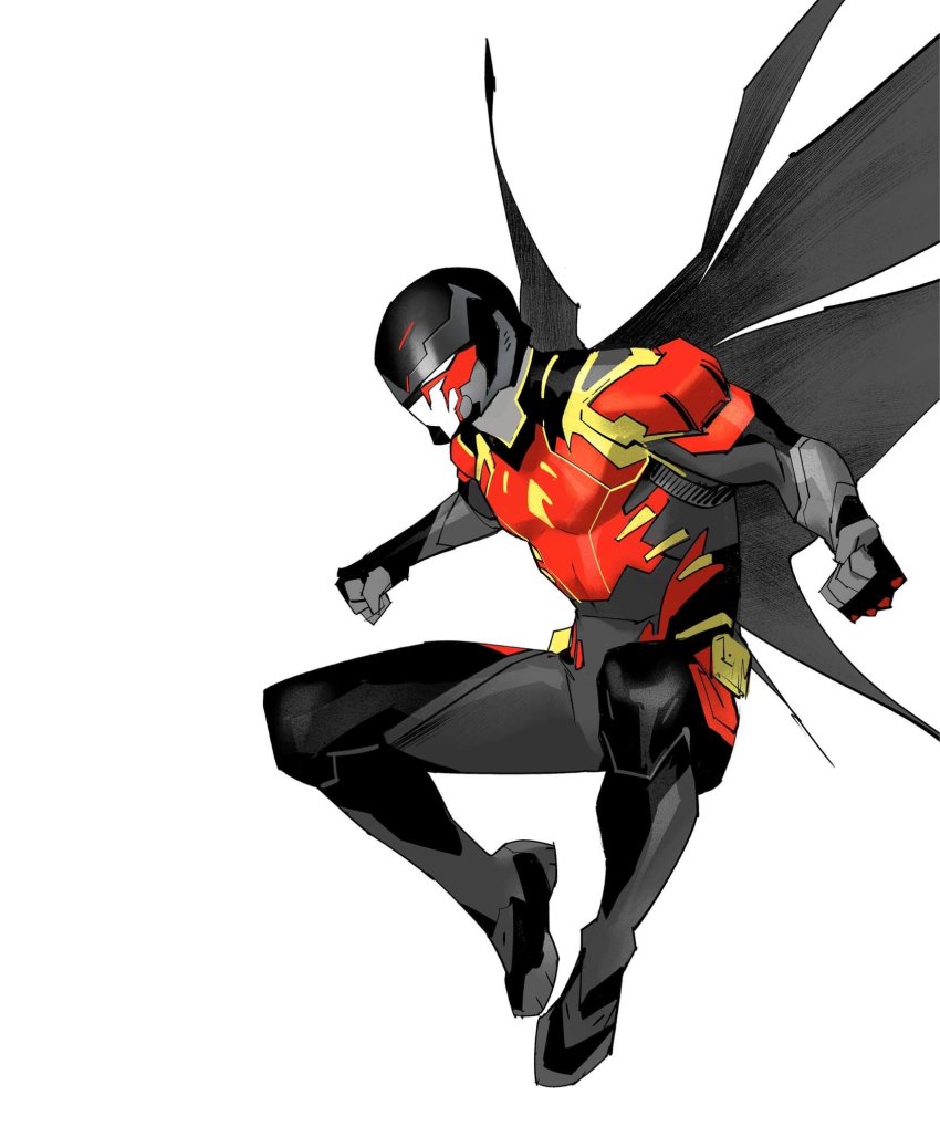 1boy batman_(series) black_gloves cape clenched_hands commentary dan_mora dc_comics english_commentary floating gloves helmet highres looking_down male_focus red_robin redesign solo superhero_costume tokusatsu white_background white_eyes