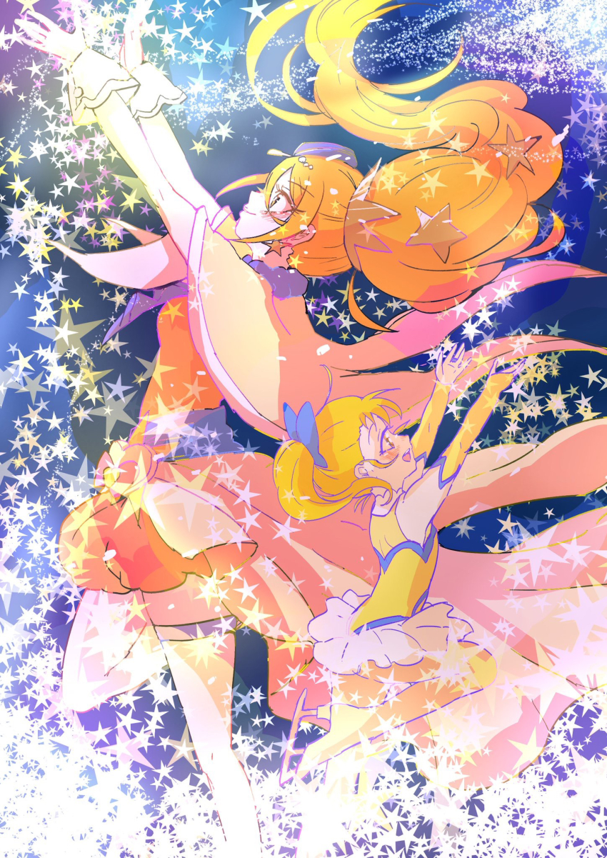 2girls arms_up atari_(atamawaki_waki) back-to-back bare_legs beads beret blonde_hair blue_background blue_bow blue_hat bodysuit boots bow child cloak cure_etoile dress earrings fireworks floating_hair foot_out_of_frame fur-trimmed_cloak fur_trim gloves hair_beads hair_bow hair_ornament hat high_ponytail highres hugtto!_precure ice_skates jewelry kagayaki_homare long_hair magical_girl mini_hat miniskirt multiple_girls pleated_skirt ponytail precure short_dress skates skirt star_(symbol) star_earrings star_hair_ornament star_symbol_background thigh_strap time_paradox train_(clothing) very_long_hair white_gloves white_skirt yellow_bodysuit yellow_boots yellow_cloak yellow_dress