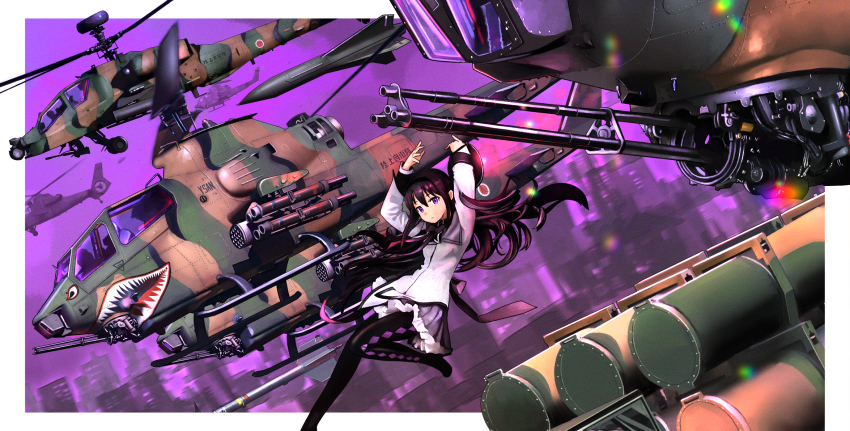 1girl ah-1_cobra ah-64_apache aircraft akemi_homura akemi_homura_(magical_girl) attack_helicopter black_hair black_pantyhose border camouflage expressionless helicopter highres japan_air_self-defense_force japan_self-defense_force long_hair long_sleeves mahou_shoujo_madoka_magica mahou_shoujo_madoka_magica_(anime) military military_vehicle nose_art pantyhose purple_skirt roundel shark_nose_art shirt skirt solo sunburst timmyyen white_border white_shirt