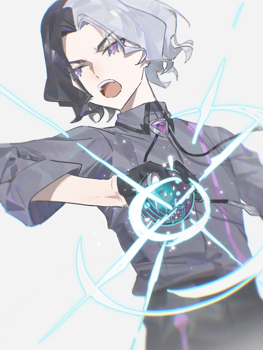 1boy :o amethio_(pokemon) black_gloves bright_pupils collared_shirt commentary_request eyelashes gloves grey_background grey_shirt hazel_maier highres holding holding_tera_orb male_focus multicolored_hair nintendo open_mouth pants pokemon pokemon_(anime) pokemon_horizons purple_eyes shirt short_hair solo teeth tera_orb two-tone_hair upper_teeth_only white_pupils