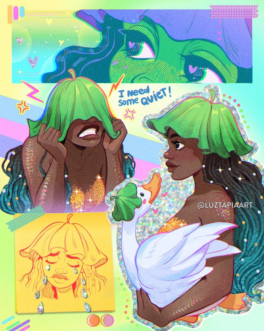1girl aqua_hair artist_name beak bird black_hair brown_eyes dark-skinned_female dark_skin english_text gradient_hair green_hat hat highres long_hair luztapiaart multicolored_hair multiple_views original swan two-tone_hair victoria_(luztapiaart) watermark