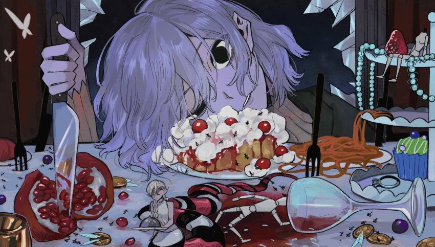 1boy 1girl alcohol androgynous ant black_eyes blue_eyes braid braided_ponytail braided_ponytail_lamia_(dungeon_meshi) broken_glass bug butterfly cake chalice cherry closed_eyes coin come_(comekami53) cup cupcake curtains drawing_mannequin dress drinking_glass dry_lips dungeon_meshi elf empty_eyes facing_viewer food fork fruit genoge_(nakiso) glass gold_coin highres holding holding_knife holding_plate insect jewelry knife lamia lazy_eye mithrun monster_girl necklace notched_ear parody pasta pearl_necklace plate pointy_ears pomegranate ring sleeveless sleeveless_dress spaghetti strawberry treasure_bug_(dungeon_meshi) turtleneck whipped_cream white_dress white_hair wine wine_glass