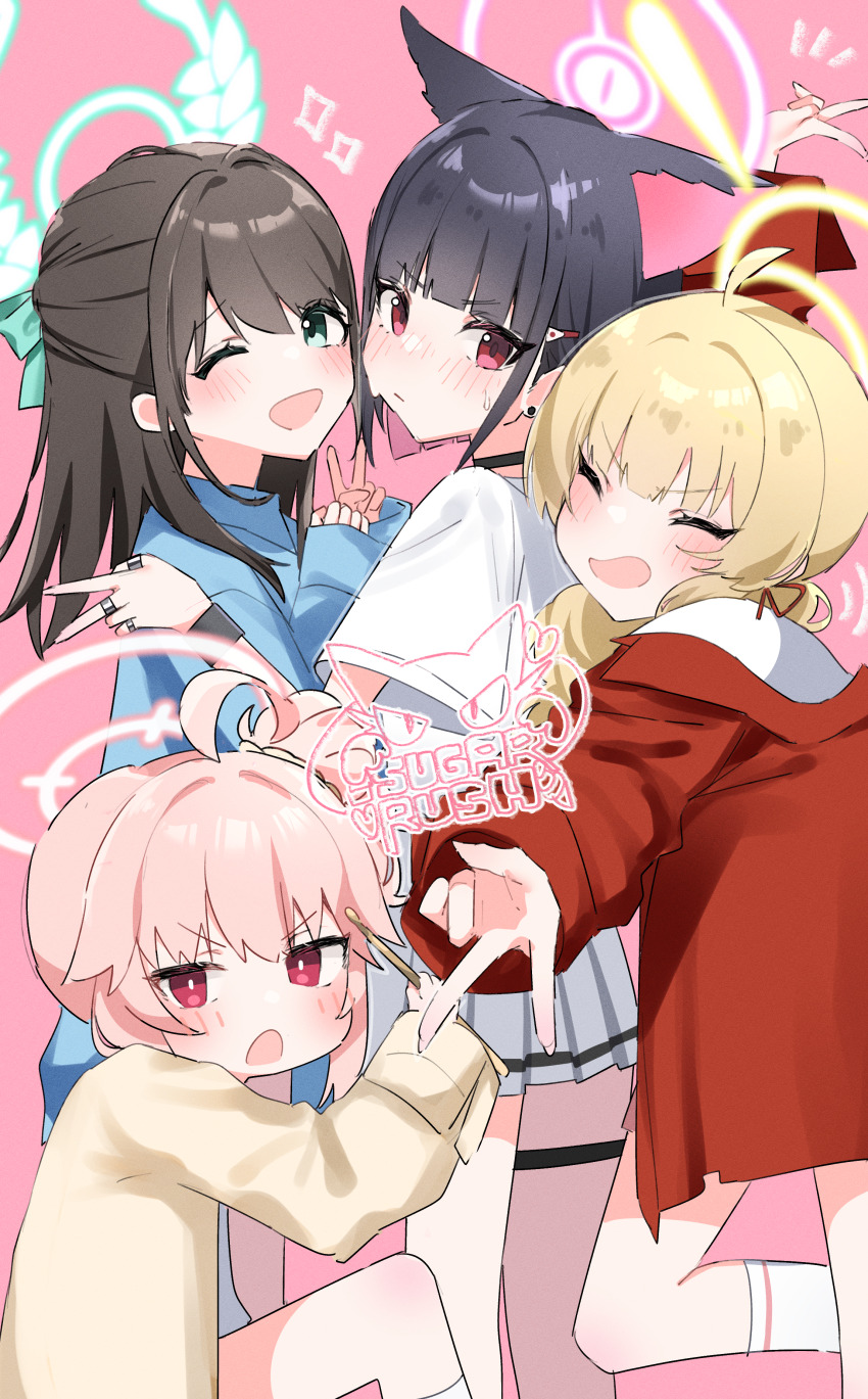 4girls absurdres after-school_sweets_club_(blue_archive) ahoge airi_(band)_(blue_archive) airi_(blue_archive) animal_ears black_hair blonde_hair blue_archive blue_jacket blush cat_ears closed_mouth extra_ears green_eyes green_halo hair_ornament hairclip halo highres jacket kazusa_(band)_(blue_archive) kazusa_(blue_archive) long_hair long_sleeves multiple_girls natsu_(band)_(blue_archive) natsu_(blue_archive) official_alternate_costume one_eye_closed open_mouth pink_background pink_hair pink_halo pleated_skirt red_eyes red_jacket shirt short_hair short_sleeves simple_background skirt smile socks tamotsu_(mary) thigh_strap v white_shirt white_skirt white_socks yellow_halo yellow_jacket yoshimi_(band)_(blue_archive) yoshimi_(blue_archive)