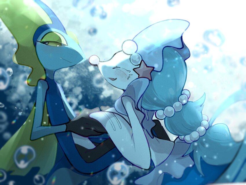 air_bubble blue_hair bubble closed_eyes gen_7_pokemon gen_8_pokemon highres holding_hands inteleon long_hair looking_at_viewer nintendo pokemon pokemon_(creature) primarina sstoh starfish_hair_ornament