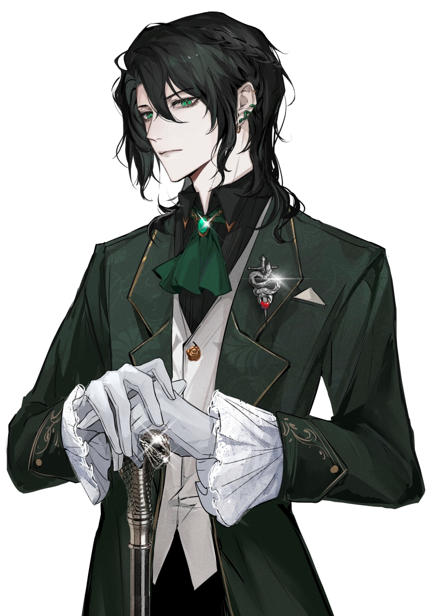 1boy absurdres ascot black_hair black_pants black_shirt brooch call_of_cthulhu cane chinese_commentary closed_mouth coat collared_shirt cowboy_shot earrings eyelashes formal_clothes frilled_sleeves frills gem glint gloves green_ascot green_coat green_eyes green_gemstone hair_between_eyes highres holding holding_cane jewelry long_sleeves looking_at_viewer male_focus medium_hair nidexintu open_clothes pants piercing shirt simple_background snake_earrings solo standing upper_body vest white_background white_gloves white_vest