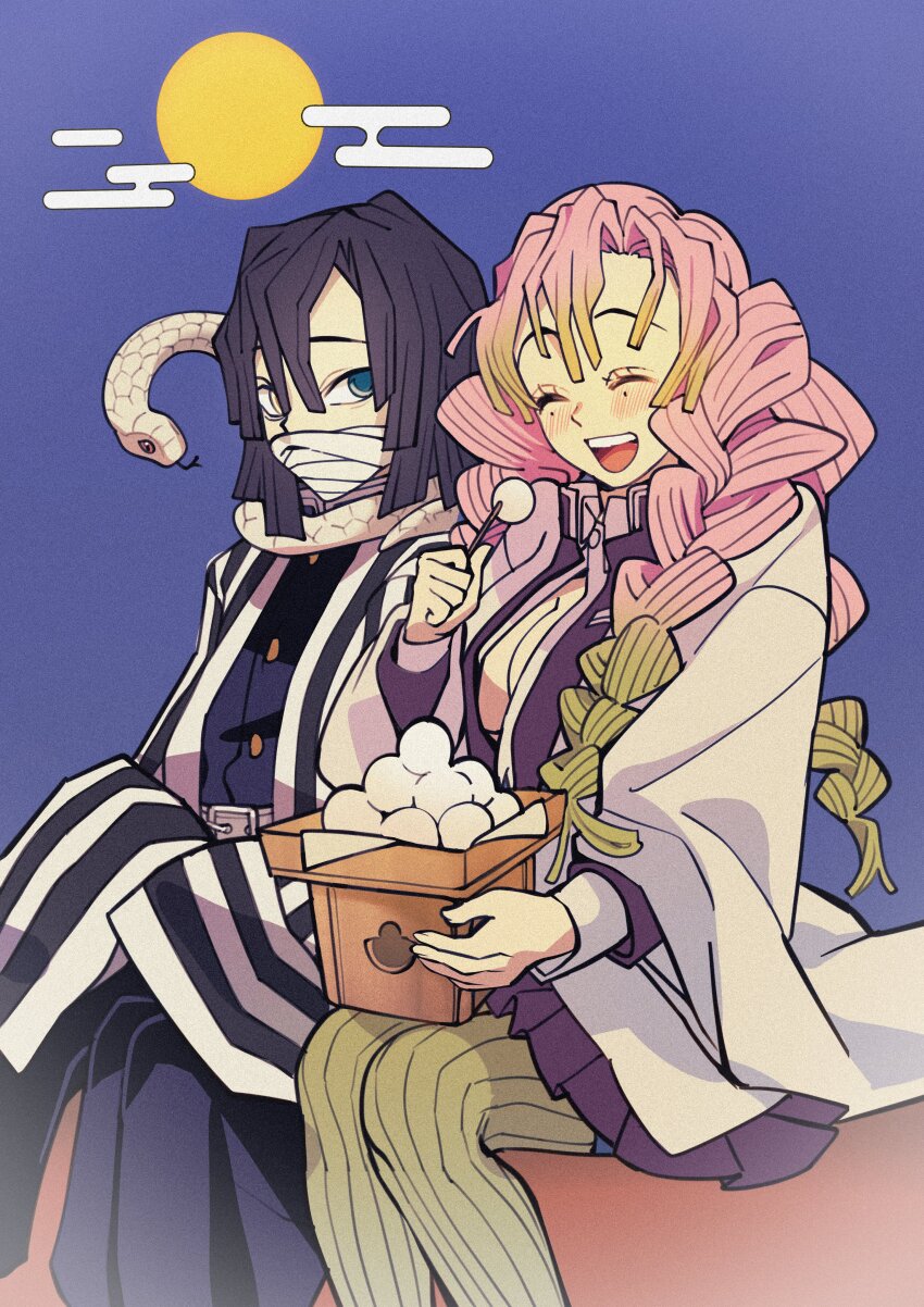 1boy 1girl absurdres benkeinazuna black_hair blue_eyes closed_eyes cloud food full_moon green_hair highres iguro_obanai kaburamaru kanroji_mitsuri kimetsu_no_yaiba long_hair medium_hair moon multicolored_hair open_mouth pink_hair sitting snake two-tone_hair