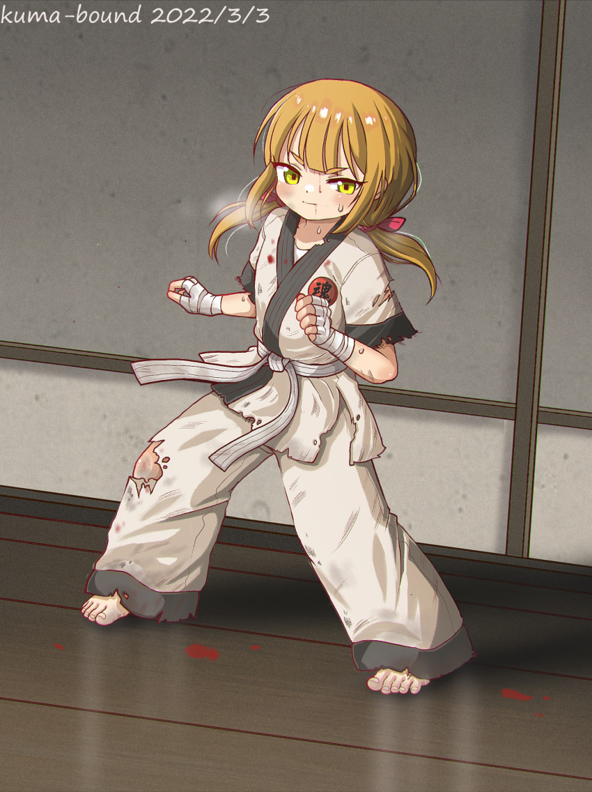 1girl bandaged_hand bandages barefoot blonde_hair blood blood_on_clothes blood_on_face blood_on_ground closed_mouth commentary_request dated dojo dougi fighting_stance flat_chest green_eyes hand_up highres indoors karate kuma-bound long_hair looking_at_viewer low_twintails original pants sidelocks solo sweat toes torn_clothes tunic twintails v-shaped_eyebrows white_pants white_tunic wooden_floor