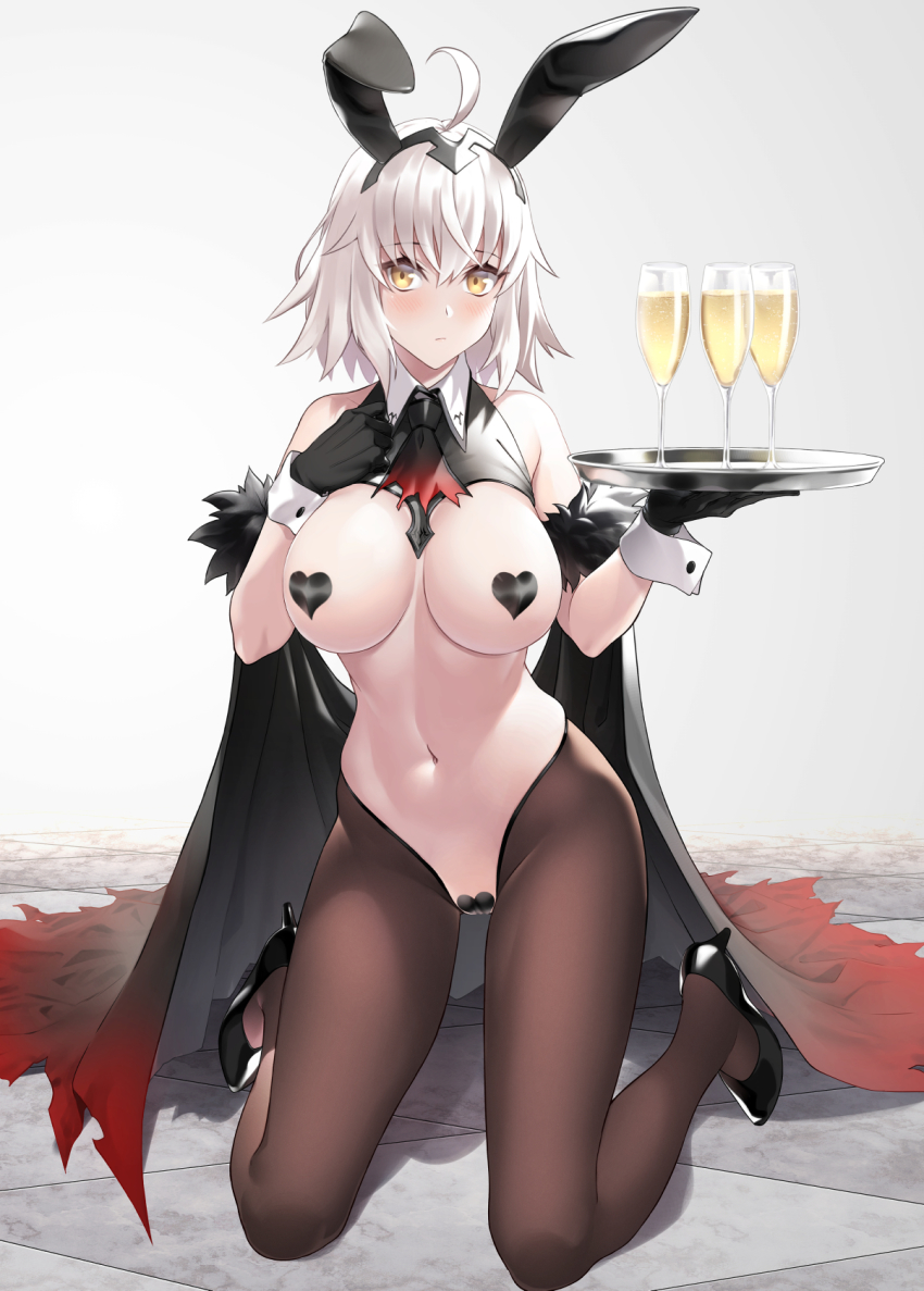 1girl ahoge alcohol animal_ears bare_shoulders black_footwear black_gloves blush bow bowtie breasts brown_legwear champagne closed_mouth covered_erect_nipples cup detached_collar drinking_glass fake_animal_ears fate/grand_order fate_(series) female_focus gloves heart_pasties high_heels highres holding holding_tray jeanne_d&#039;arc_(fate) jeanne_d&#039;arc_alter_(fate) kneeling large_breasts leotard long_hair looking_at_viewer maebari meme_attire navel pasties playboy_bunny prime_(prime_tw) rabbit_ears revealing_clothes reverse_bunnysuit reverse_outfit silver_hair solo tail tray wrist_cuffs yellow_eyes