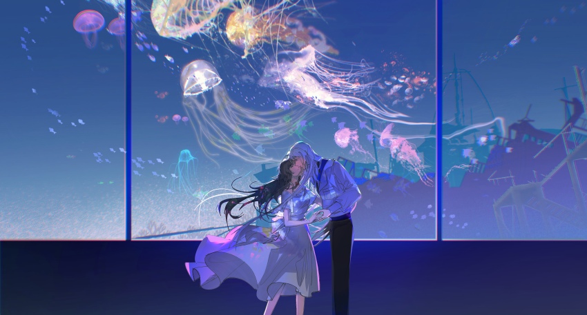 1boy 1girl absurdres air_bubble aquarium back_bow black_hair black_pants black_shirt blunt_bangs bow braid bubble cael_anselm closed_eyes closed_mouth couple dress feet_out_of_frame from_side hair_between_eyes heroine_(lovebrush_chronicles) hetero highres holding_hands imminent_kiss jacket jellyfish long_bangs long_hair long_sleeves lovebrush_chronicles neck_ribbon pants parted_lips profile red_ribbon ribbon shipwreck shirt short_sleeves side_braid smile standing sundress white_bow white_dress white_hair white_jacket xixun