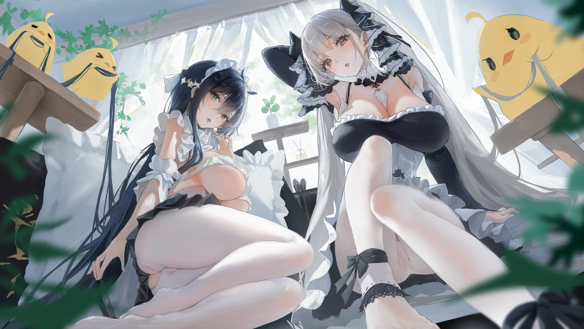 2girls :o absurdly_long_hair azur_lane black_dress black_hair breasts cleavage dress dutch_angle formidable_(azur_lane) grey_hair highres indomitable_(azur_lane) indomitable_(ms._motivationless_maid)_(azur_lane) long_hair looking_at_viewer maid_headdress manjuu_(azur_lane) matsogum multiple_girls official_alternate_costume open_mouth pantyhose twintails underboob very_long_hair white_pantyhose