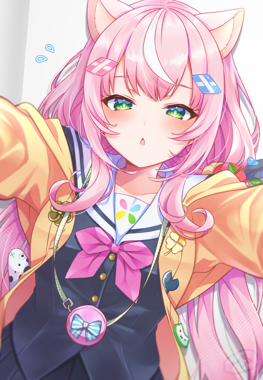 1girl :o absurdres animal_ears blush cardigan cat_ears dot_nose flying_sweatdrops ghostnukko green_eyes highres kabedon long_hair looking_at_viewer neckerchief nijisanji nijisanji_kr pink_hair pink_neckerchief school_uniform serafuku solo virtual_youtuber yang_nari yang_nari_(1st_costume) yellow_cardigan