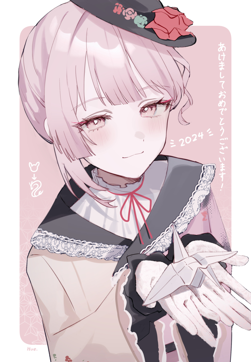 1other akiyama_mizuki androgynous artist_name black_headwear blush closed_mouth commentary english_commentary gloves hands_up highres hue_0813 kawaranu_atatakasa_no_tonari_de_(project_sekai) long_sleeves looking_at_viewer official_alternate_costume official_alternate_hairstyle origami paper_crane pink_eyes pink_hair project_sekai smile solo translation_request upper_body white_background