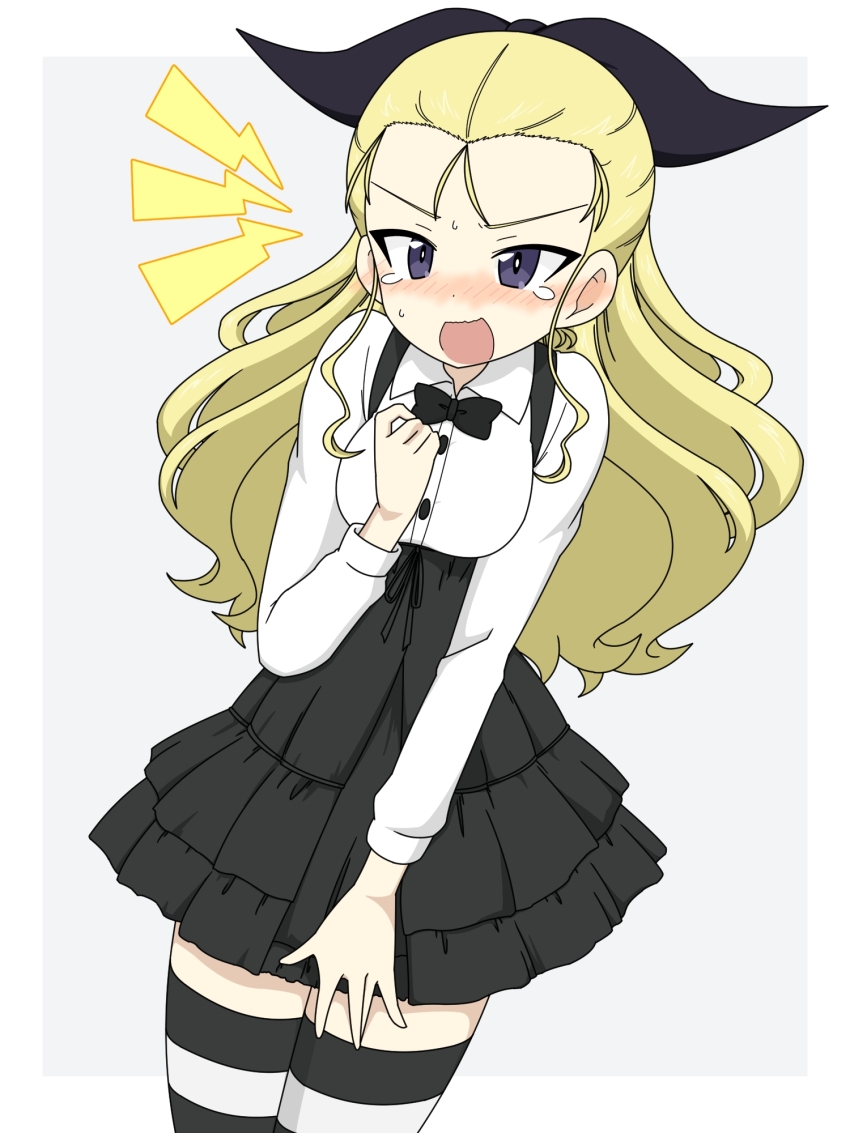 1girl assam_(girls_und_panzer) black_bow black_bowtie black_skirt blonde_hair blue_eyes blush bow bowtie breasts embarrassed frilled_skirt frills girls_und_panzer hair_ribbon highres ichinose_jun long_hair open_mouth ribbon simple_background skirt small_breasts solo striped_clothes striped_thighhighs tears thighhighs white_background