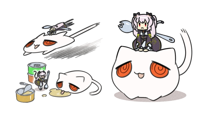 1girl :&lt; @_@ animal_ears black_coat black_ribbon can canned_food canned_soup cat cat_ears cat_girl cat_tail coat commentary_request floating_hair flying grey_skirt hair_ribbon hanging_on holding holding_spork licking long_hair long_sleeves magari_(c0rn3r) mini_person minigirl multiple_views nora_cat nora_cat_channel open_can pink_hair puddle red_eyes ribbon riding riding_animal simple_background skirt solid_oval_eyes spork tail two_side_up virtual_youtuber weapon weapon_on_back white_background wind