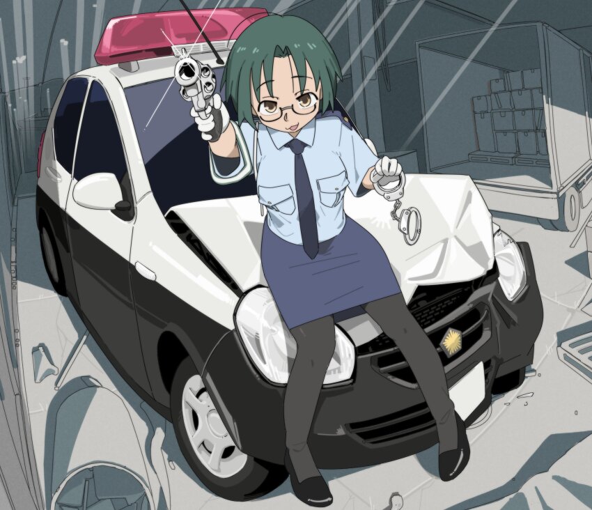 1girl :3 aiming aiming_at_viewer black-framed_eyewear black_footwear black_pantyhose blue_necktie blue_shirt blue_sky brown_eyes car cuffs fubarmoe gloves green_hair gun handcuffs handgun highres holding holding_gun holding_handcuffs holding_weapon japan_national_police looking_at_viewer lucky_star motor_vehicle narumi_yui necktie pantyhose pencil_skirt police police_car police_uniform policewoman revolver semi-rimless_eyewear shirt short_hair short_sleeves skirt sky solo under-rim_eyewear weapon white_gloves wreckage