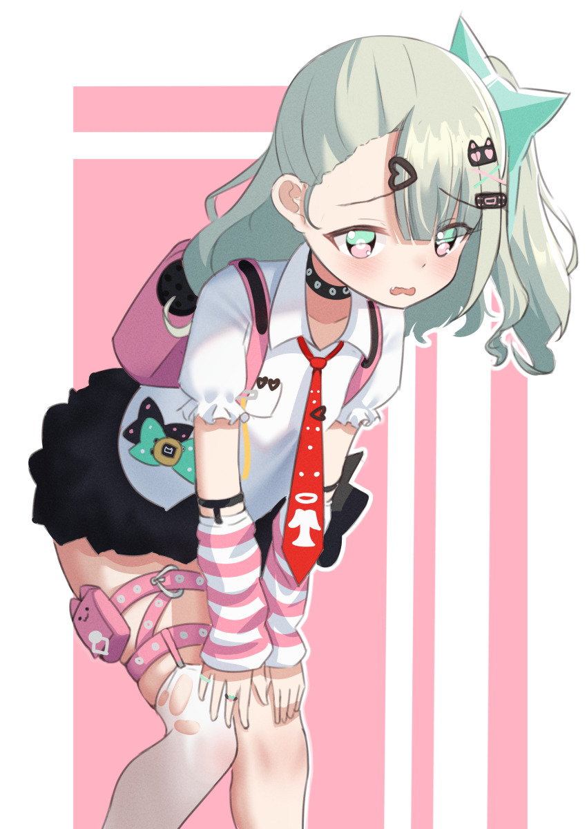 1girl absurdres backpack bag black_skirt blush bow chinatsu_remiel collarbone collared_shirt detached_sleeves edmundnfk fang feet_out_of_frame green_hair grey_hair hair_between_eyes hair_bow hair_ornament hairclip hands_on_own_knees highres layered_sleeves leaning_forward leg_ribbon long_hair long_sleeves necktie one_side_up pink_background pleated_skirt puffy_long_sleeves puffy_short_sleeves puffy_sleeves red_necktie ribbon shirt short_over_long_sleeves short_sleeves single_thighhigh skirt sleeves_past_wrists solo thighhighs two-tone_background virtual_youtuber wavy_mouth white_background white_shirt white_sleeves white_thighhighs zenless_zone_zero