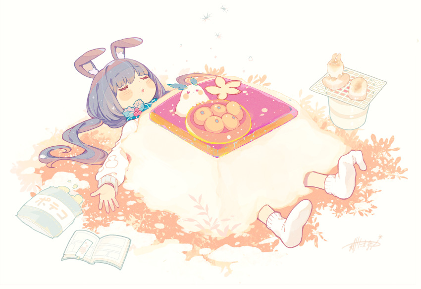 1girl :o absurdres amakawa_tamawo animal-themed_food animal_ear_fluff animal_ears blush book bowl chips_(food) closed_eyes cooking food food_art fruit grey_hair grill grilling highres holly in_food kotatsu long_hair loose_socks lying mandarin_orange mochi no_shoes on_back open_book original outstretched_arm rabbit_ears snack snowflakes socks soles solo sweater table under_table very_long_hair white_sweater yakimochi