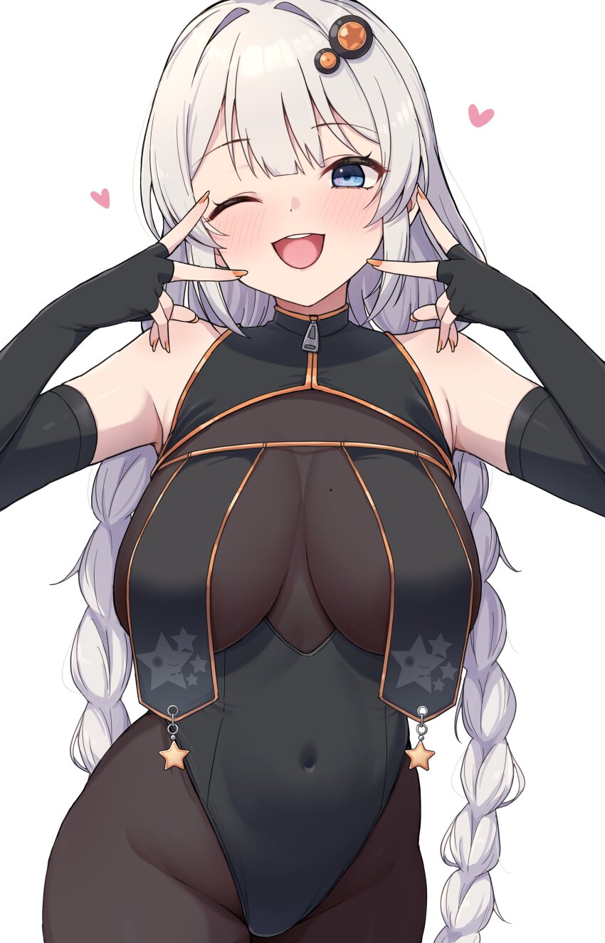 1girl ;d absurdres areola_slip black_gloves black_leotard blue_eyes blush bodystocking braid breast_curtains breasts commentary_request covered_navel cowboy_shot double_v elbow_gloves fingerless_gloves fingernails gloves grey_hair highres kizuna_akari large_breasts leotard long_hair looking_at_viewer mole mole_on_breast nail_polish one_eye_closed open_mouth orange_nails shun_(b.c) simple_background smile solo standing twin_braids v very_long_hair voiceroid white_background