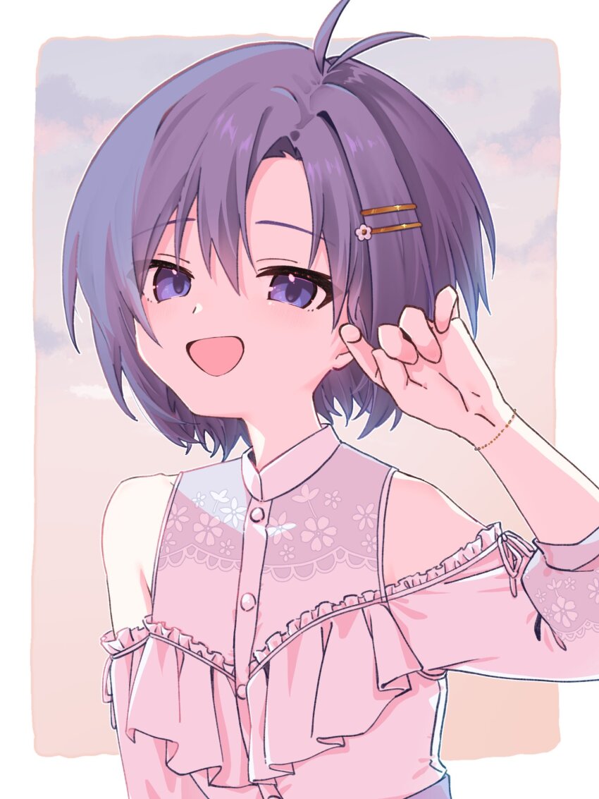 1girl antenna_hair ayuko_ammobium bare_shoulders black_eyes black_hair border bracelet floral_print_shirt frilled_shirt frills hair_ornament hairclip highres idolmaster idolmaster_(classic) idolmaster_million_live! idolmaster_million_live!_theater_days jewelry kikuchi_makoto looking_at_viewer open_mouth outside_border private_dress_(idolmaster_million_live!) shirt short_hair smile solo upper_body white_border white_shirt