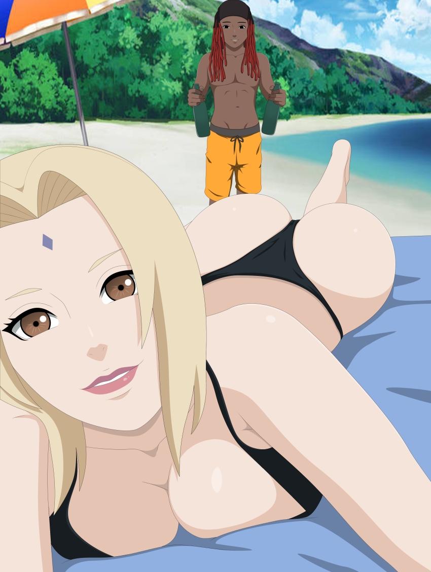 1boy 1girl absurdres ass beach blonde_hair breasts brown_eyes dark-skinned_male dark_skin darkalx highres lipstick makeup swimsuit tsunade_(naruto)