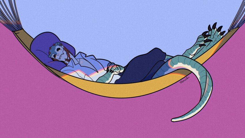 1boy animal_feet blue_background blue_pants blue_shirt braid brown_hair claws closed_eyes closed_mouth collared_shirt colored_skin commentary crossed_legs digitigrade english_commentary full_body green_scales green_skin hammock highres identity_v lizard_tail luchino_(identity_v) lying male_focus multicolored_background multicolored_skin on_back pants pillow plunging_neckline purple_background reptile_boy saichiidv scales shirt short_hair signature tail two-tone_background