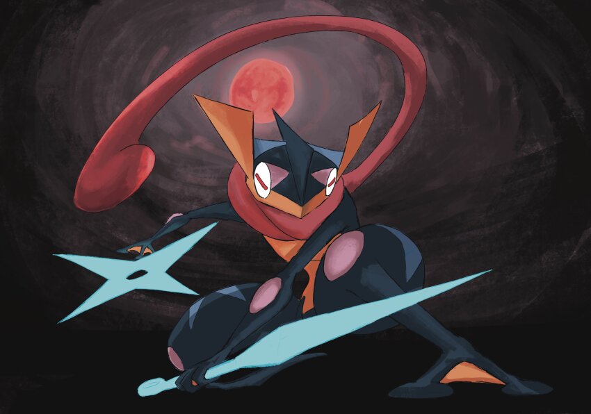 blue_skin colored_skin dark_background frog full_body full_moon gen_6_pokemon greninja highres holding kunai long_tongue moon nintendo pokemon pokemon_(creature) red_moon riotono_0643 shuriken tongue weapon