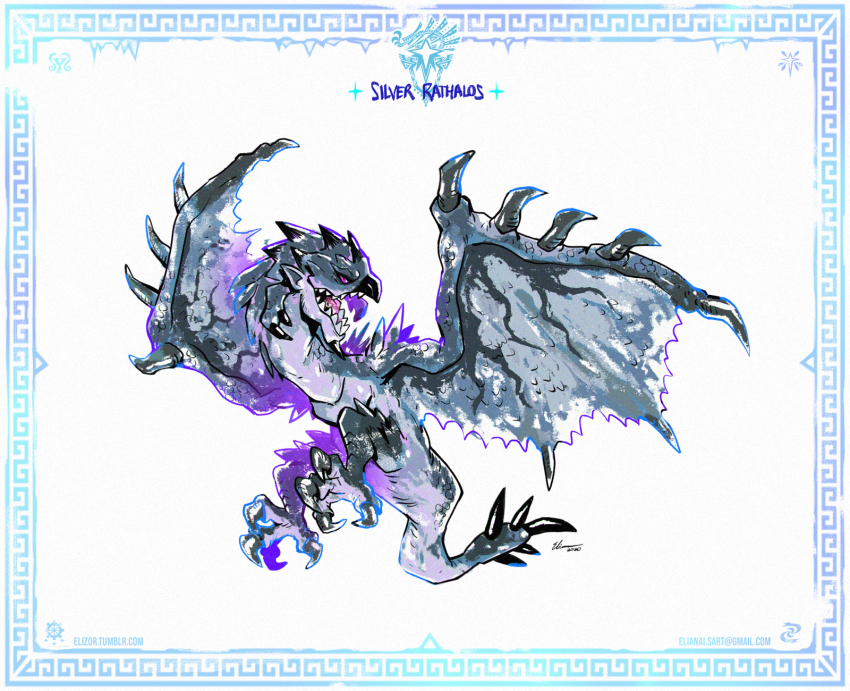border character_name claws dated dragon eliz0r email_address highres monster monster_hunter:_world monster_hunter_(series) monster_hunter_world:_iceborne no_humans open_mouth sharp_teeth signature silver_rathalos simple_background tail teeth tumblr_username wings