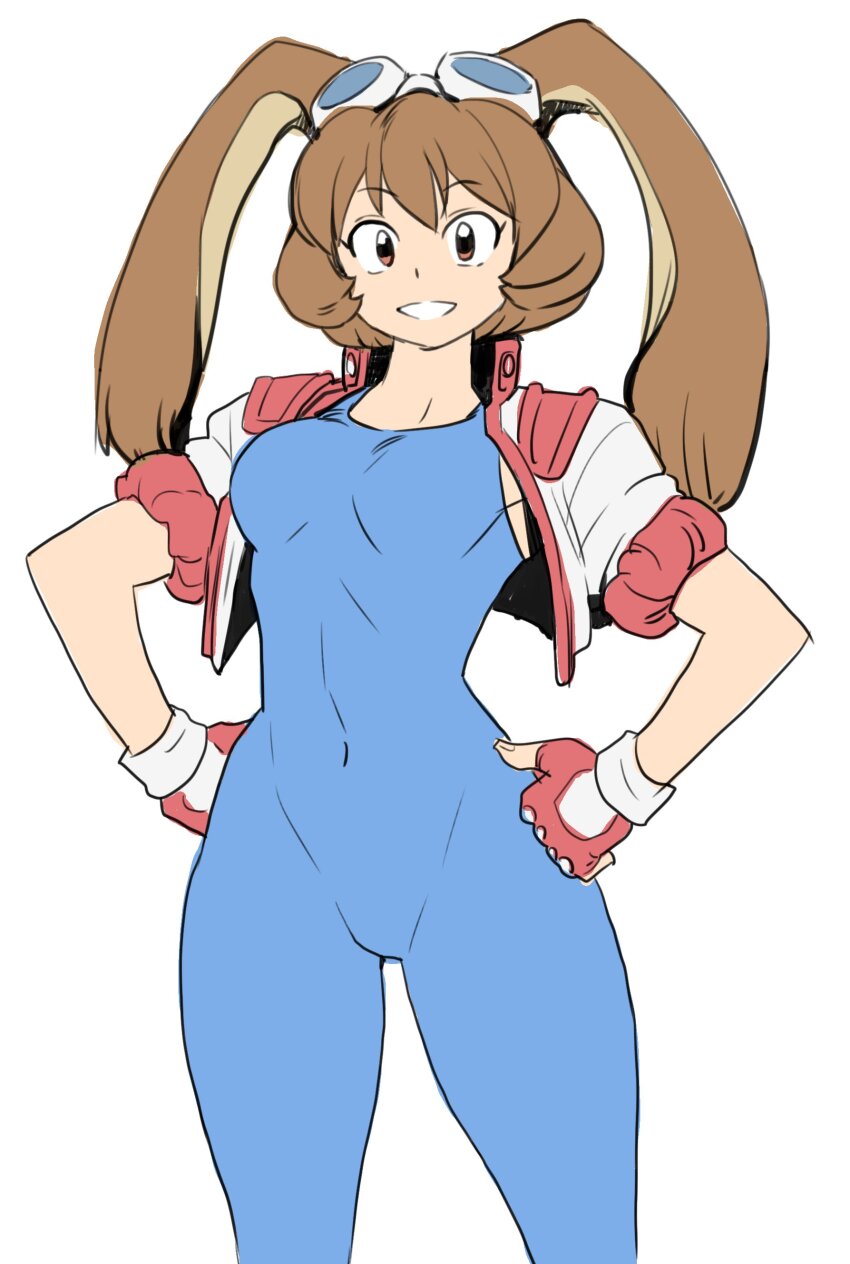 1girl absurdres animal_ears blue_bodysuit bodysuit breasts brown_eyes brown_hair covered_navel curvy fang fingerless_gloves gloves goggles goggles_on_head grin hands_on_own_hips highres jacket large_breasts legs looking_at_viewer makihara_arina rabbit_ears rabbit_girl red_gloves short_hair smile solo thighs toned waku_waku_7 white_jacket wide_hips