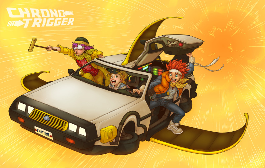 1boy 2girls back_to_the_future blonde_hair blue_eyes chrono_trigger cosplay crono_(chrono_trigger) delorean denim emmett_brown epoch glasses headband helmet jeans lucca_ashtear marle_(chrono_trigger) marty_mcfly michael_mayne multiple_girls open_mouth pants ponytail purple_eyes red_hair sword vehicle_focus weapon white_headband