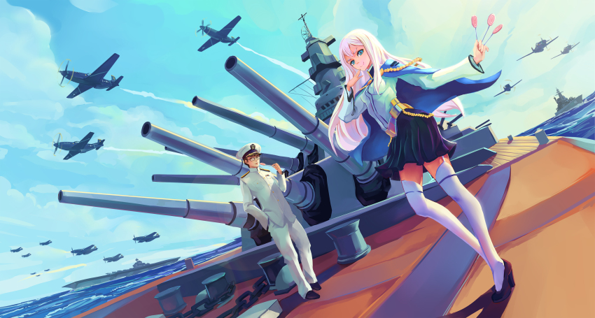 1boy 1girl absurdres aircraft aircraft_carrier airplane artillery battleship blue_eyes cannon contrail day escort_fighter glasses high_heels highres military military_uniform military_vehicle naval_artillery naval_gun original p-51_mustang propeller_fighter ship ship_turret sima_naoteng skirt thighhighs uss_south_dakota_(bb-57) warship watercraft white_hair
