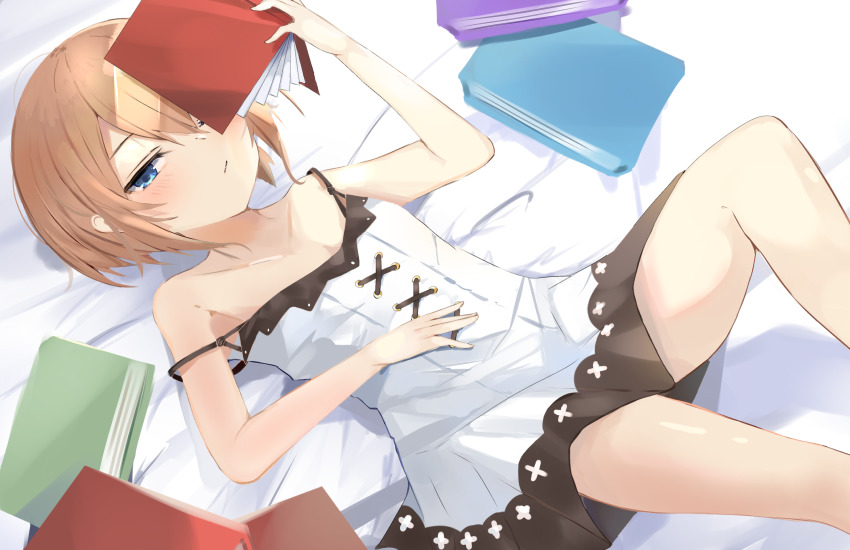 bare_shoulders bimmy blanc blanc_(neptunia) blue_eyes book breasts brown_hair cleavage dress frown highres neptune_(series) short_hair skirt sleepy small_breasts thighs tired