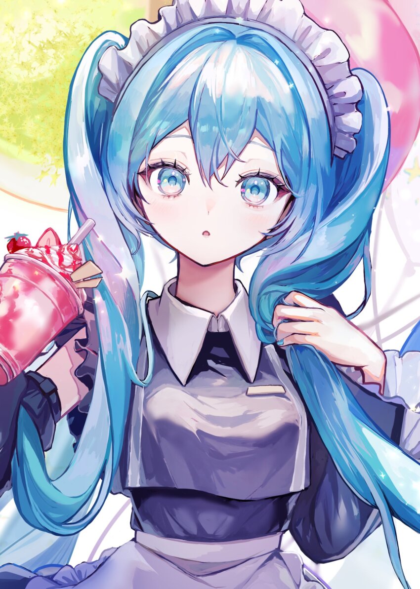 1girl :o apron aqua_eyes aqua_hair aqua_nails collared_shirt commentary cup food frilled_apron frills fruit hair_between_eyes hair_ornament hatsune_miku highres holding holding_cup holding_own_hair long_hair looking_at_viewer maid_apron maid_headdress nail_polish open_mouth parfait pipi_(pipinavigation) shirt strawberry strawberry_parfait twintails upper_body very_long_hair vocaloid waist_apron white_apron white_shirt