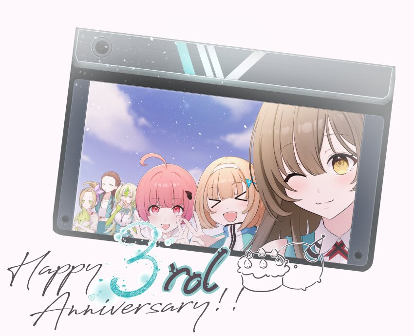 6+girls absurdres ahoge bangs_pinned_back blonde_hair bow_hairband breasts brown_hair fish_hair_ornament green_hair hair_bun hair_ornament hairband happy_anniversary heaven_burns_red highres large_breasts long_hair mochinemono multicolored_hair multiple_girls ooshima_ichiko ooshima_isuzu ooshima_minori ooshima_muua ooshima_niina ooshima_yotsuha open_mouth red_eyes red_hair sextuplets short_hair siblings sisters team_31e_(heaven_burns_red) two_side_up yellow_eyes