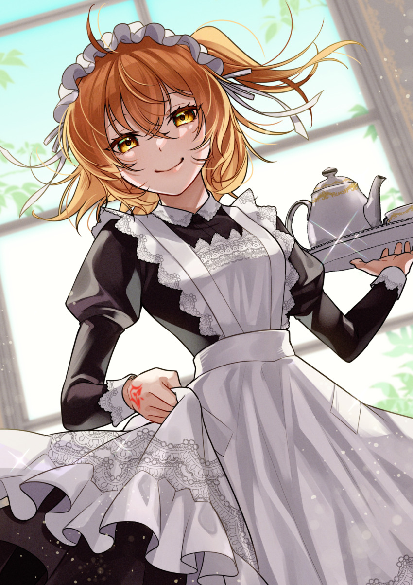 1girl apron black_dress blush breasts dress fate/grand_order fate_(series) fujimaru_ritsuka_(female) highres ichino_tomizuki long_sleeves looking_at_viewer maid maid_headdress medium_breasts one_side_up orange_hair short_hair smile solo white_apron