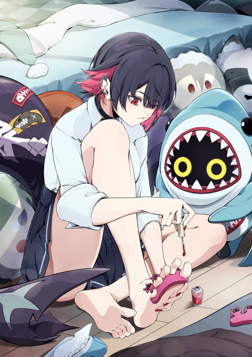 1girl applying_pedicure bangboo_(zenless_zone_zero) bed black_choker black_hair black_shirt choker closed_mouth collared_shirt colored_inner_hair cosmetics day earclip ellen_joe ellen_joe_(on_campus) feet fins fish_tail floor from_side highres holding holding_brush holding_feet indoors knee_up looking_ahead multicolored_hair nail_polish nail_polish_bottle nail_polish_brush official_alternate_costume on_floor painting_toenails pleated_skirt raccoon red_eyes red_hair red_nails school_uniform shark_girl shark_tail sharkboo_(zenless_zone_zero) shirt short_hair single_bare_foot sitting skirt sleeves_rolled_up soles solo stuffed_animal stuffed_raccoon stuffed_toy sunlight taiju_(gr09kuma) tail toenail_polish toenails toes two-tone_hair white_shirt window_shadow wooden_floor zenless_zone_zero