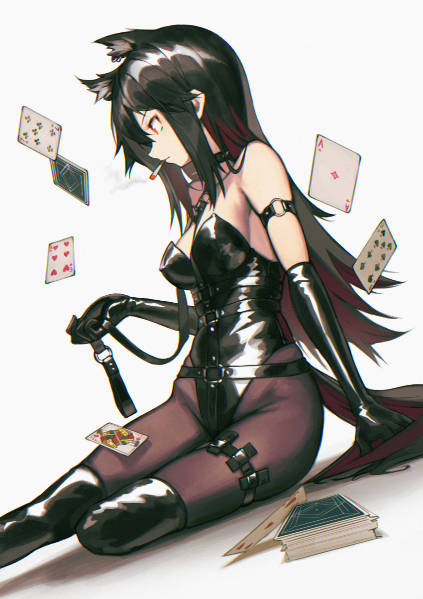 1girl ace_(playing_card) ace_of_diamonds alternate_costume animal_ears arknights arm_strap arm_support black_collar black_gloves black_hair black_leotard black_pantyhose breasts card cigarette collar colored_inner_hair commentary diamond_(shape) dutch_angle elbow_gloves english_commentary extra_ears feet_out_of_frame five_of_hearts gloves highres holding holding_leash jack_(playing_card) jack_of_diamonds leash leotard long_hair medium_breasts mouth_hold multicolored_hair nine_of_spades over-kneehighs pantyhose playing_card red_eyes red_hair seven_of_clubs shadow six_of_hearts smoke smoking solo strapless strapless_leotard tail texas_(arknights) thighhighs veilrain white_background wolf_ears wolf_tail