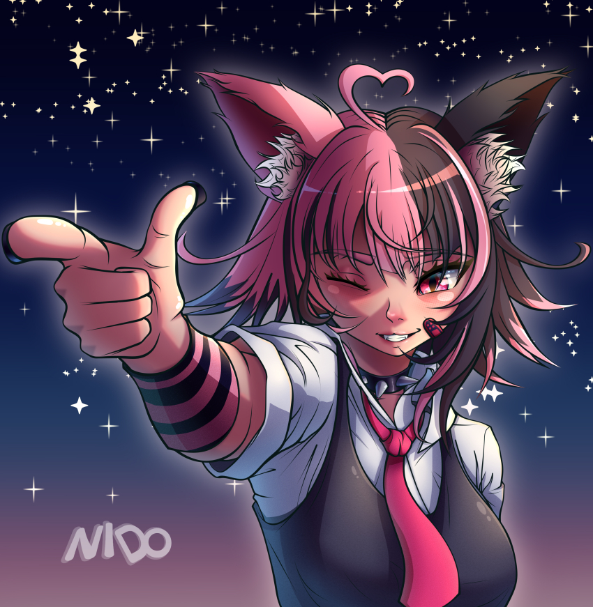 1girl absurdres affternido animal_ears arm_up artist_name black_collar black_hair black_nails black_sweater breasts cat_ears cat_girl collar detached_sleeves eyebrows eyelashes female_focus fingernails grin highres index_finger_raised indie_virtual_youtuber large_breasts lips long_fingernails looking_at_viewer medium_hair multicolored_hair necktie night night_sky one_eye_closed pink_eyes pink_hair pink_necktie pink_sleeves pointing pointing_at_viewer purple_sleeves shirt short_sleeves sky sleeveless sleeveless_sweater smile solo spiked_collar spikes split-color_hair striped_clothes striped_sleeves suwie_(vtuber) suwie_(vtuber)_(new) sweater teeth two-tone_hair two-tone_sleeves upper_body virtual_youtuber watermark white_shirt wink