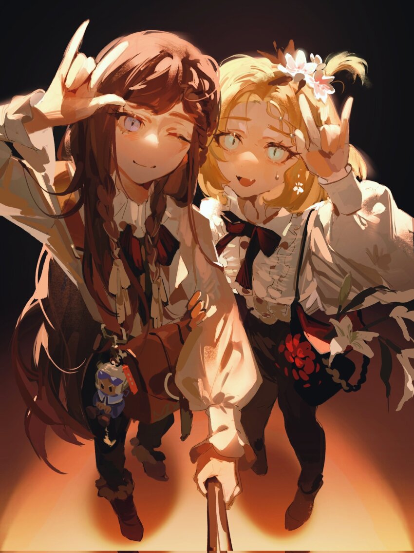 2girls black_pants black_pantyhose blonde_hair blue_eyes braid brown_bag brown_hair character_charm charm_(object) classicaloid fang highres holding_another&#039;s_arm johann_sebastian_bach_(classicaloid) long_hair long_sleeves looking_at_viewer multiple_girls octahooves one_eye_closed one_side_up pants pantyhose puffy_sleeves pyotr_illyich_tchaikovsky_(classicaloid) selfie_stick shirt slit_pupils tekla_badarzewska-baranowska_(classicaloid) white_shirt