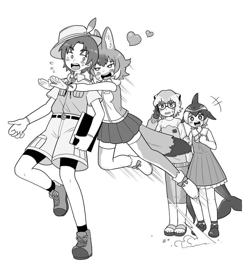 +++ 1boy 3girls animal_ear_fluff animal_ears bolo_tie bseibutsu captain_(kemono_friends) cetacean_tail collared_shirt commentary_request common_dolphin_(kemono_friends) dhole_(kemono_friends) dog_ears dog_girl dog_tail dress fins fish_tail full_body glasses greyscale hat hat_feather head_fins heart highres hug jumping kemono_friends looking_at_another meerkat_(kemono_friends) meerkat_ears meerkat_tail monochrome multiple_girls open_mouth sailor_dress sandals shirt shoes short_hair shorts simple_background smile sneakers standing sweater tail thighhighs