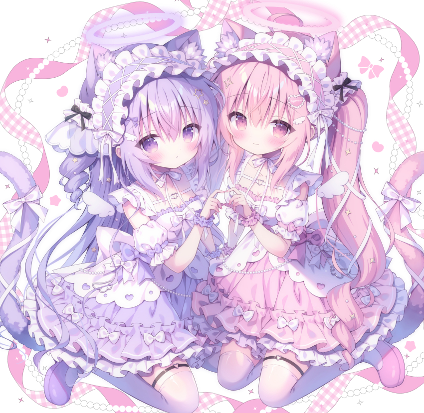 2girls four-finger_heart_hands animal_ear_fluff animal_ears beads blush bow cat_ears cat_girl cat_tail closed_mouth comiket_105 commentary_request dress frilled_dress frills heart heart_hands heart_hands_duo heart_o-ring highres kamishiro_piyo kneeling long_hair multiple_girls neck_ribbon o-ring o-ring_thigh_strap original pink_dress pink_hair pink_shoes puffy_short_sleeves puffy_sleeves purple_dress purple_eyes purple_hair purple_shoes ribbon shoes short_sleeves smile tail thigh_strap thighhighs twintails two_side_up white_bow white_dress white_ribbon white_thighhighs