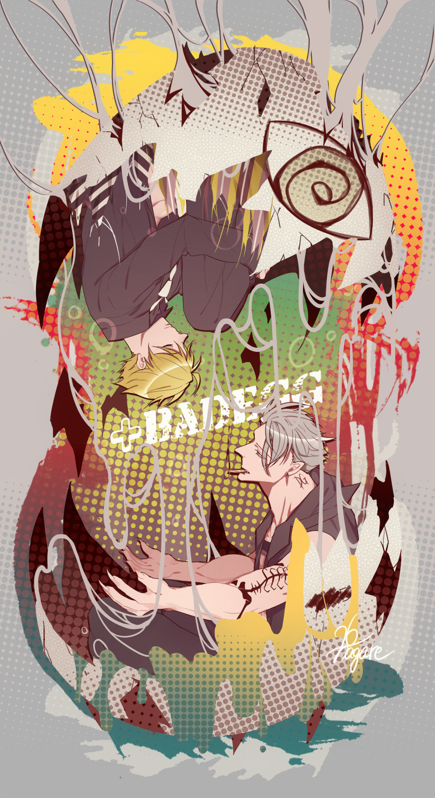 2boys arm_tattoo bakshi_christensen black_pants black_shirt blonde_hair cigar closed_eyes commentary egg eyeball fingernails giancarlo_bourbon_del_monte grey_background highres lucky_dog_1 male_focus multiple_boys nagare26 neck_tattoo pants parted_lips sharp_fingernails shirt smoking tattoo thick_neck upside-down