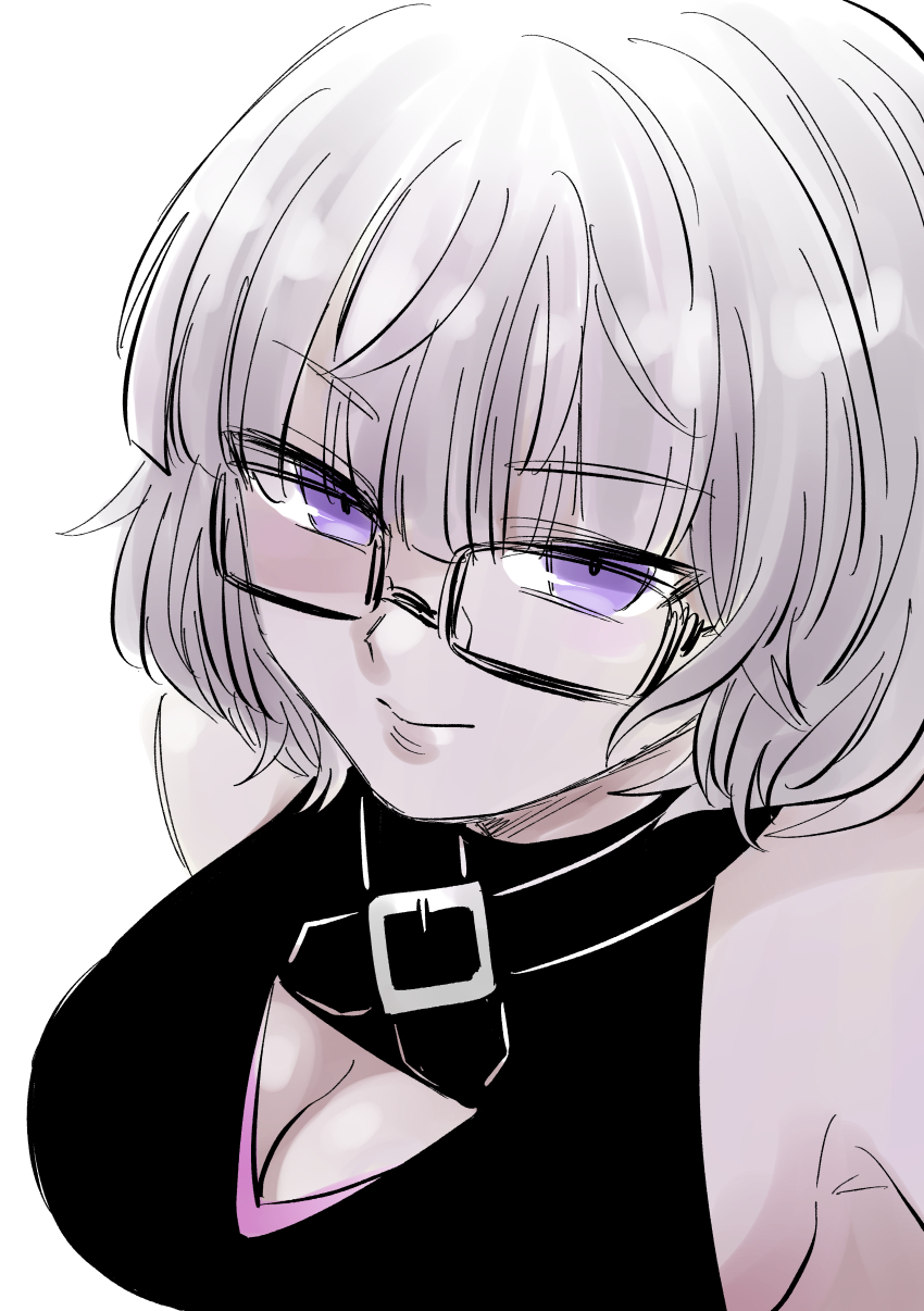 1girl absurdres black_dress breasts cleavage cleavage_cutout closed_mouth clothing_cutout commentary dress fate/grand_order fate_(series) glasses grey_hair highres hizukisekii jacques_de_molay_(foreigner)_(fate) looking_at_viewer medium_breasts purple_eyes short_hair simple_background solo white_background